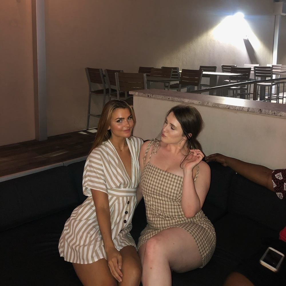 Dress, Tan and White Striped, Open Back, Self Belt, Size S